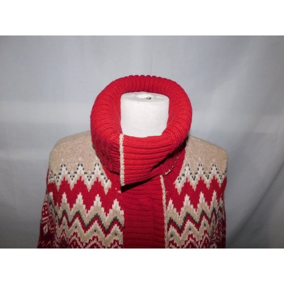 Eddie Bauer Women L Red Tan Fair Isle Full Zip Cardigan Sweater Convertible neck - Picture 5 of 15